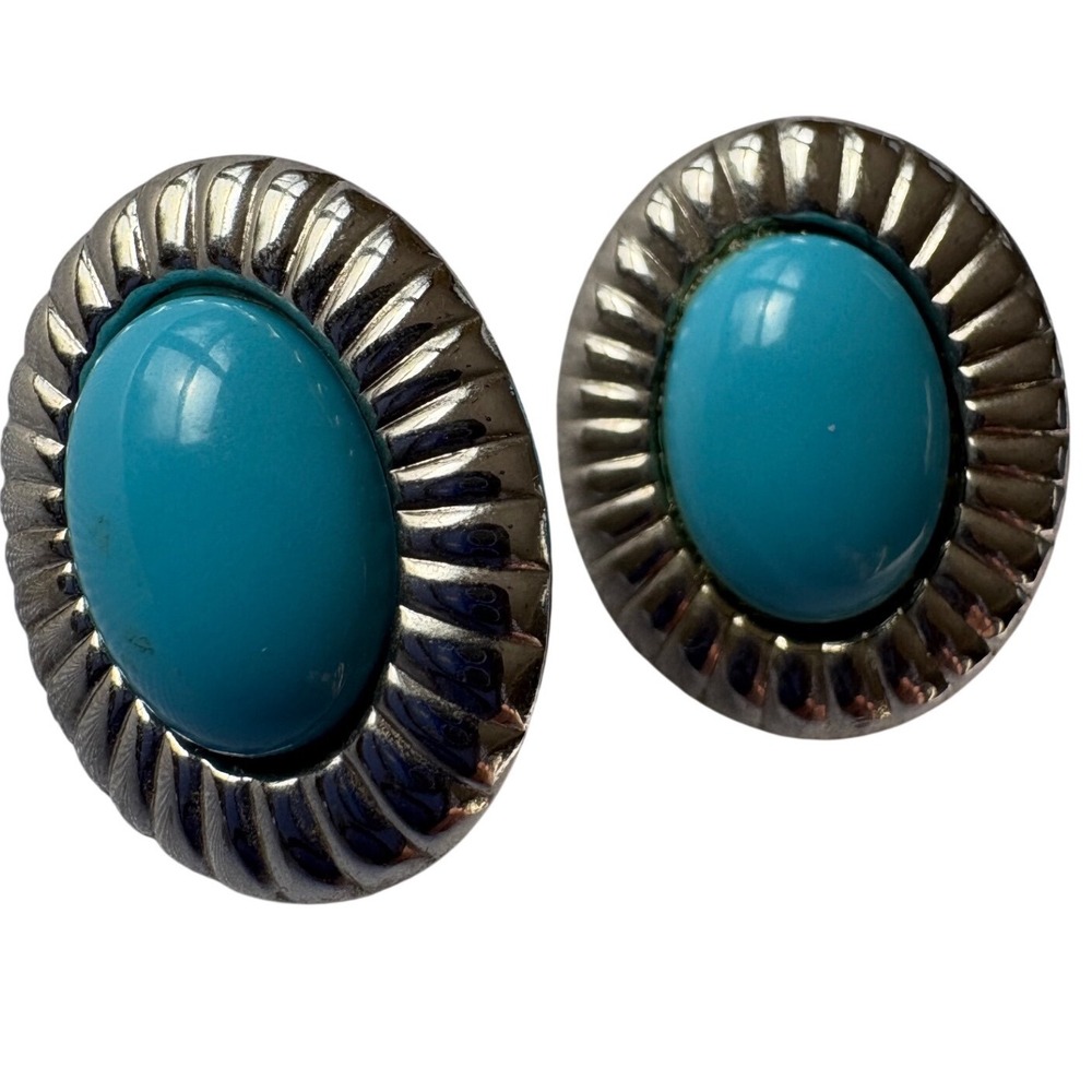 Vintage Turquoise Stud‎ Earrings Silver Tone Sunburst Boho Western